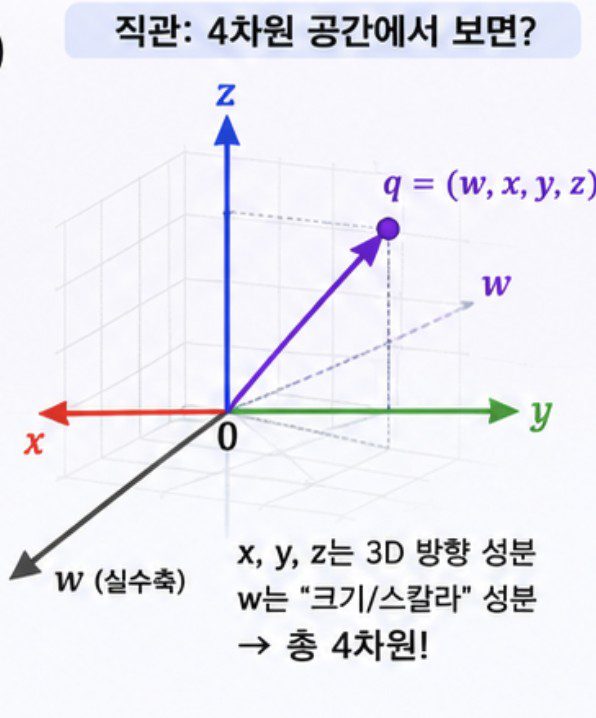 4차원 좌표계에서 쿼터니언을 점으로 표현한 다이어그램. 3D 축(x, y, z)과 w축이 있고, 쿼터니언이 4차원 공간의 한 점으로 표시되어 있다.
