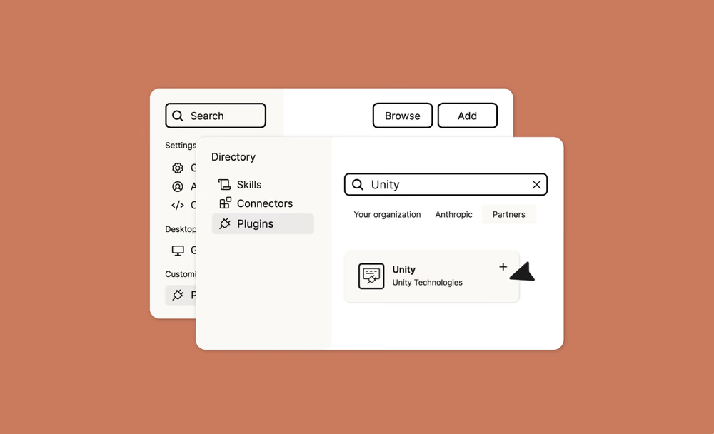 클로드 설정의 Plugins 화면. Directory 목록에 Skills, Connectors, Plugins가 있고 검색창에 Unity를 입력하자 Partners 탭 아래 Unity Technologies의 Unity 플러그인이 + 버튼과 함께 표시된 모습